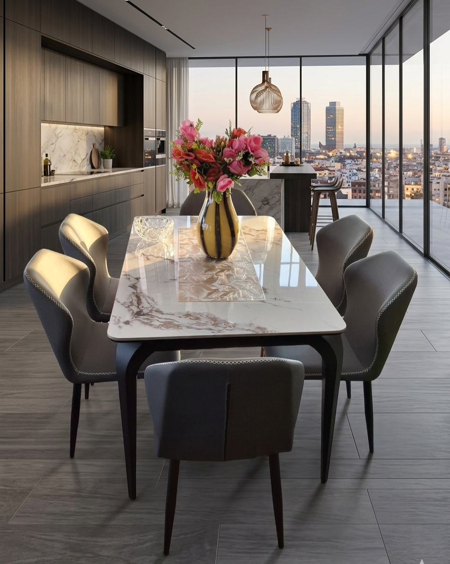 Table A Manger Six Places Marbre Gris Blanc